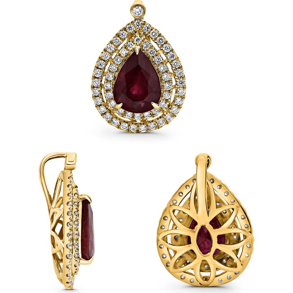 Roman & Jules - 18K Yellow Gold Pear-Shaped Ruby Earrings with Split Halo of Round Diamonds - 1.42 Carat Total Ruby Weight