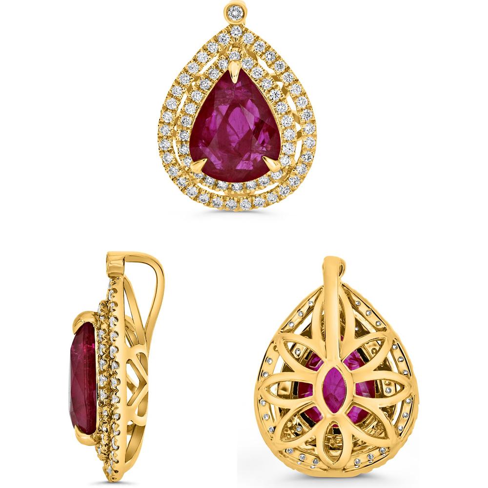 Roman & Jules - 18K Yellow Gold Pear-Shaped Ruby Pendant with Diamond Split Halo - 2.10 Carat Total Ruby Weight, 0.30 Carat Total Diamond Weight