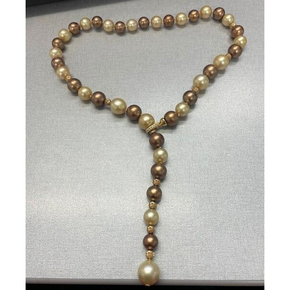 Roman & Jules - 18K Yellow Gold Pearl Necklace with Round Diamond Accents - 0.14 Carat Total Diamond Weight