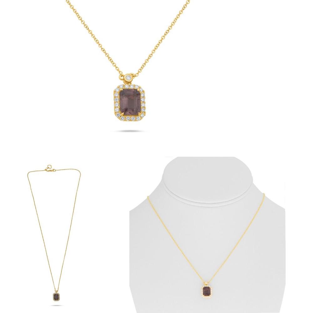Roman & Jules - 18K Yellow Gold Pendant Necklace with Emerald Cut Pink Sapphire and Round Diamond Halo - 2.24 Carat Total Sapphire Weight