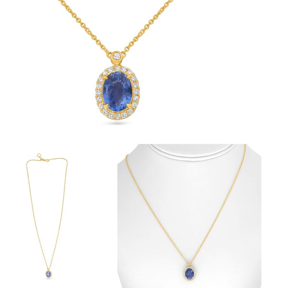 Roman & Jules - 18K Yellow Gold Pendant Necklace with Oval Sapphire and Round Diamond Halo - 1.32 Carat Sapphire, 0.22 Carat Diamonds