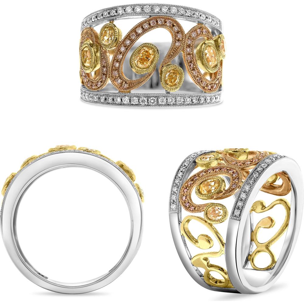 Roman & Jules - 18K Yellow Gold Ring with Oval Fancy Yellow Diamond and Pink Diamond Accents - 1.03 Carat Total Diamond Weight