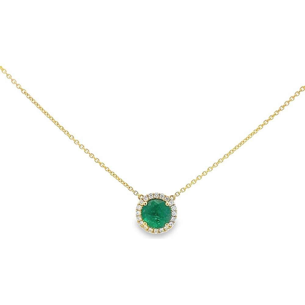 Roman & Jules - 18K Yellow Gold Round Emerald Necklace with Halo of Round Diamonds - 1.33 Carat Emerald, 0.13 Carat Diamond Total Weight