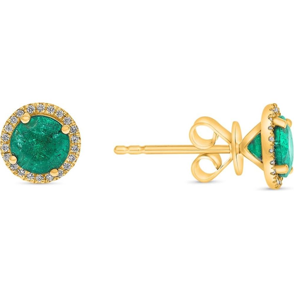 Roman & Jules - 18K Yellow Gold Round Emerald Stud Earrings with Diamond Halo - 1.44 Carat Total Emerald Weight