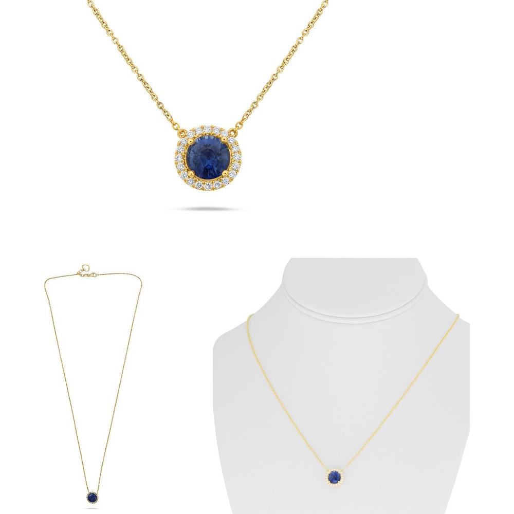 Roman & Jules - 18K Yellow Gold Round Sapphire Pendant Necklace with Diamond Halo - 1.71 Carat Sapphire, 0.17 Carat Total Diamond Weight