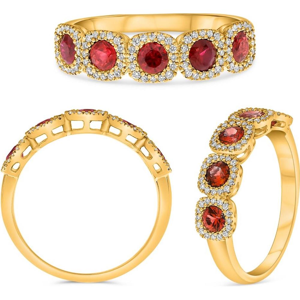 Roman & Jules - 18K Yellow Gold Ruby and Diamond Halo Ring - 0.73 Carat Total Ruby and Diamond Weight