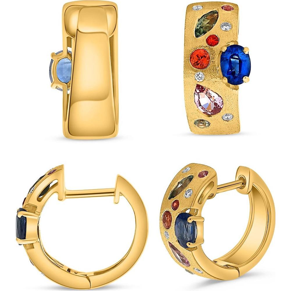 Roman & Jules - 18K Yellow Gold Sandblast Hoop Earrings with Multi-Colored Gemstones and Oval Sapphire - 1.25 Carat Total Gem Weight