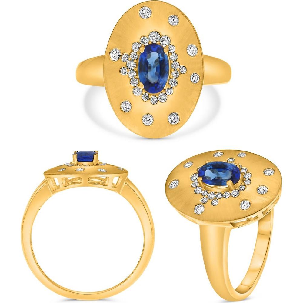 Roman & Jules - 18K Yellow Gold Sandblast Oval Sapphire Ring with Diamond Halo - 0.60 Carat Total Diamond Weight