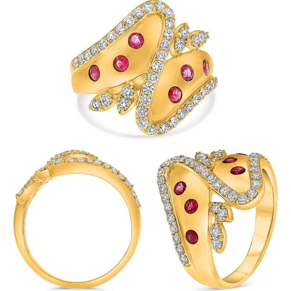 Roman & Jules - 18K Yellow Gold Sandblast Ruby and Diamond Ring - 0.95 Carat Total Gem Weight