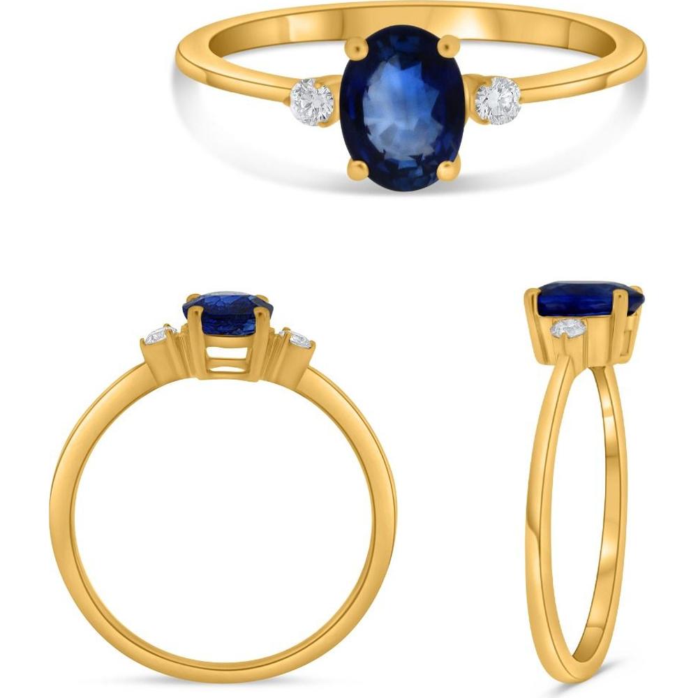 Roman & Jules - 18K Yellow Gold Sapphire and Double Diamond Ring with Oval Sapphire and Round White Diamonds