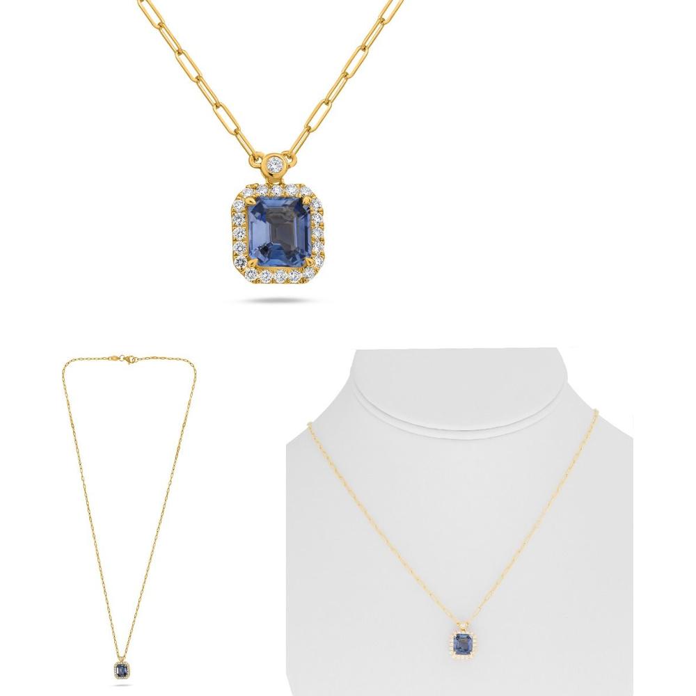 Roman & Jules - 18K Yellow Gold Sapphire Paper Clip Necklace with Diamond Halo - 0.25 Carat Total Diamond Weight