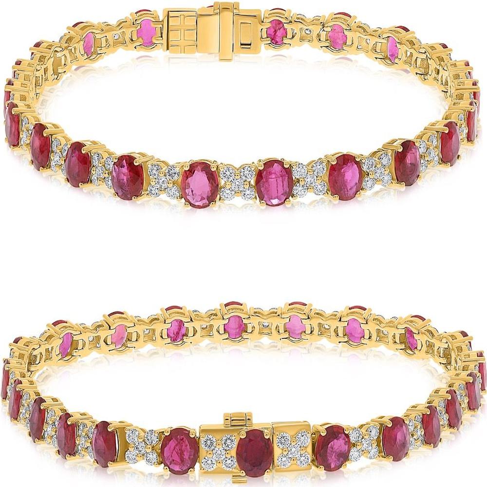 Roman & Jules - 18K Yellow Gold Tennis Bracelet with Oval Rubies and Round Diamonds - 7.19 Carat Total Ruby Weight