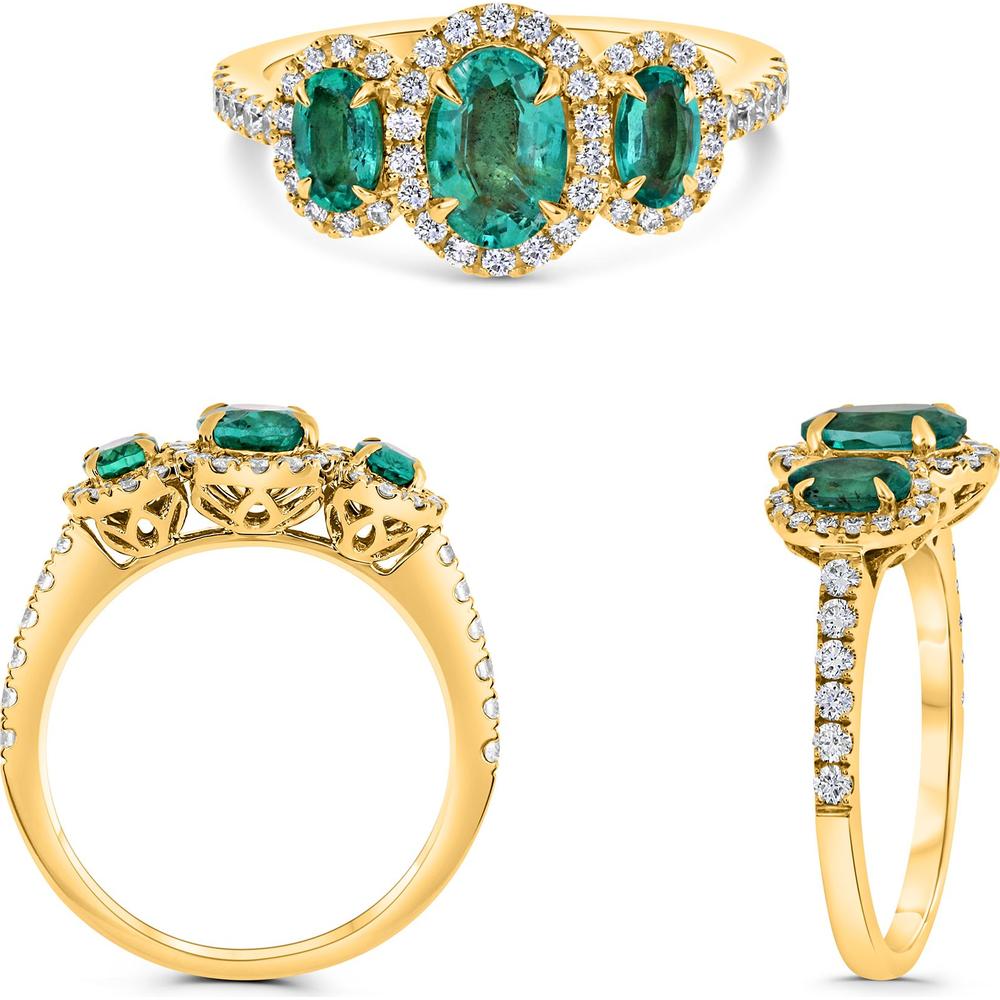 Roman & Jules - 18K Yellow Gold Three Stone Emerald and Diamond Halo Ring - 0.43 Carat Total Diamond Weight, 0.75 Carat Total Emerald Weight