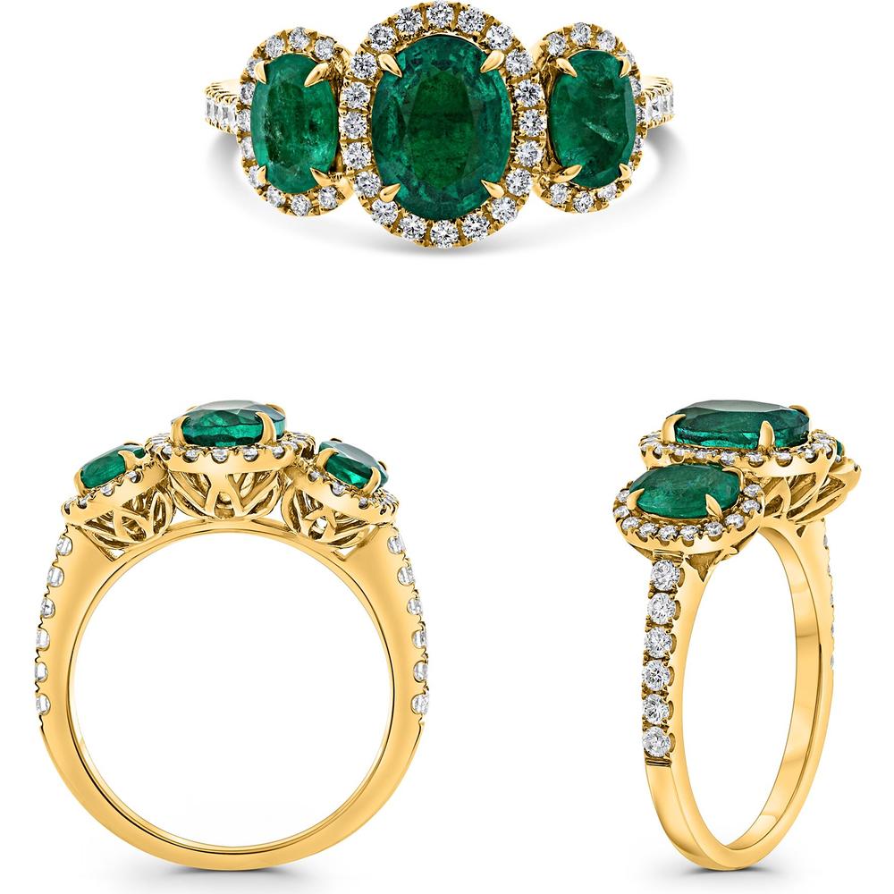 Roman & Jules - 18K Yellow Gold Three-Stone Halo Ring with Oval Emeralds and Round Diamonds - 1.79 Carat Total Gem Weight