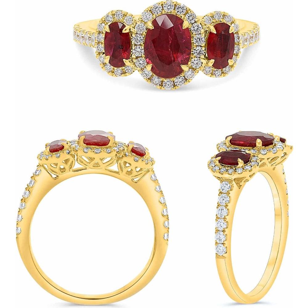 Roman & Jules - 18K Yellow Gold Three Stone Ruby and Diamond Halo Ring - 1.43 Carat Total Gem Weight