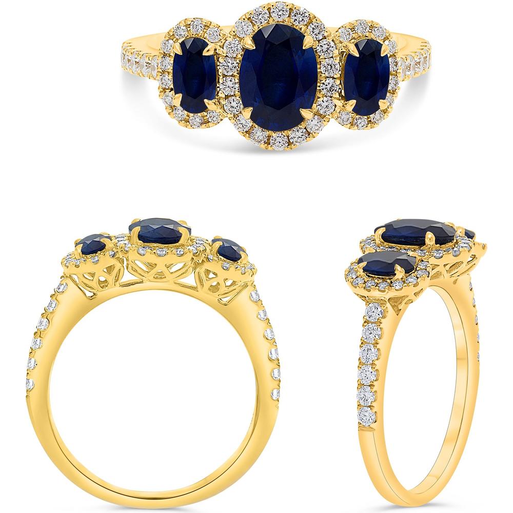 Roman & Jules - 18K Yellow Gold Three Stone Sapphire and Diamond Halo Ring - 0.43 Carat Total Diamond Weight, 0.56 Carat Total Sapphire Weight