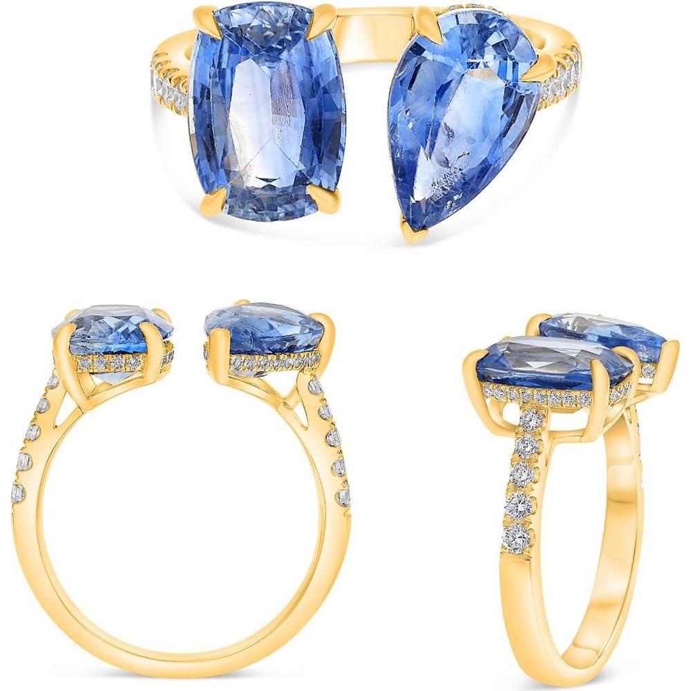Roman & Jules - 18K Yellow Gold Toi et Moi Ring with 2 Pear Shape Blue Sapphires and Round Diamonds - 5.10 Carat Total Sapphire Weight