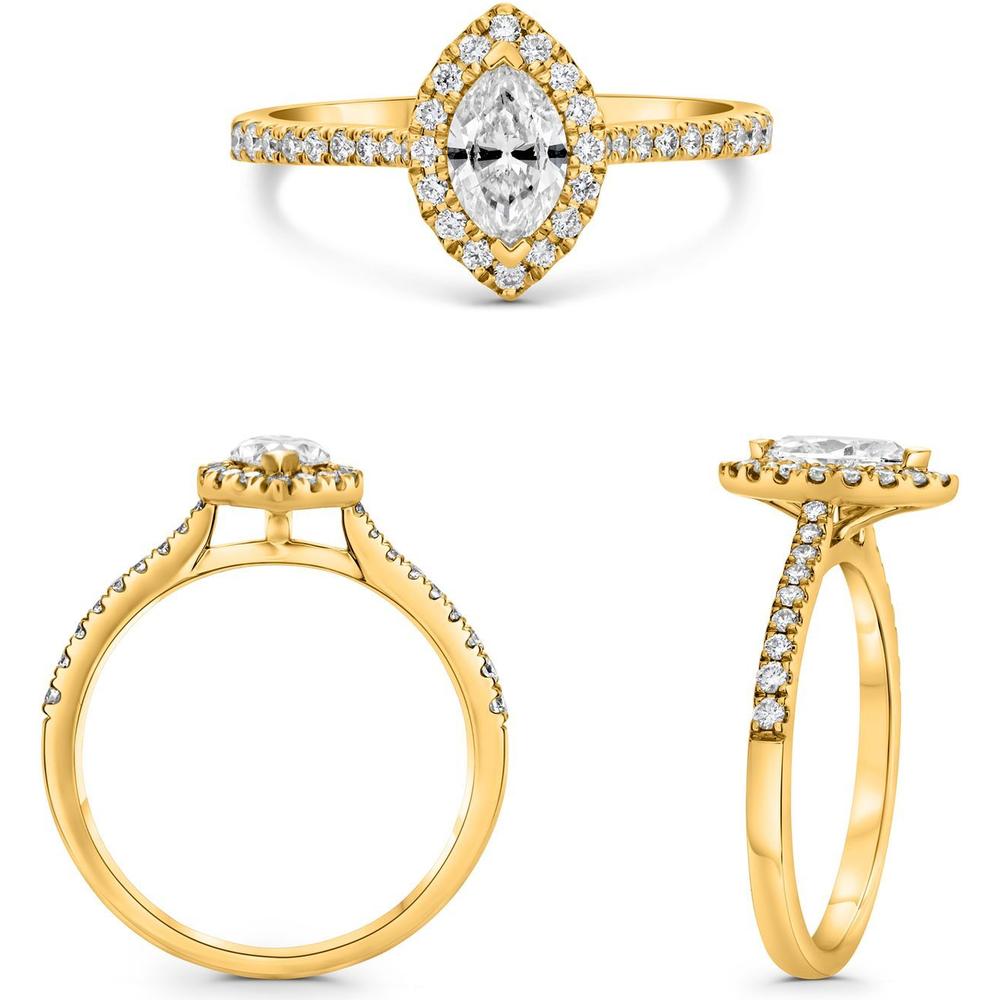 Roman & Jules - 18K Yellow Gold Two Prong Engagement Ring with 0.26 Carat Round Diamond and 0.50 Carat Halo Round Diamonds