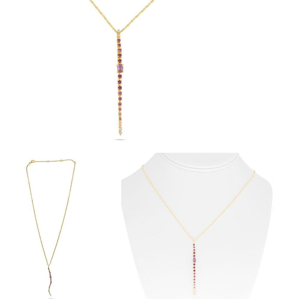 Roman & Jules - 18K Yellow Gold Y Drop Necklace with Pink Sapphires and Round Diamond Accents - 0.06 Carat Total Diamond Weight