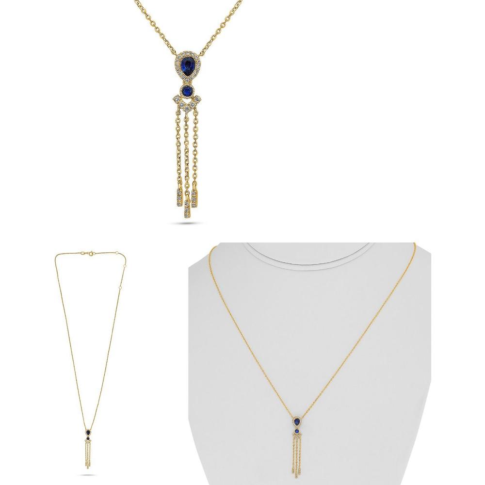 Roman & Jules - 18K Yellow Gold Y-Drop Necklace with Sapphire and Round Diamonds - 0.10 Carat Total Diamond Weight, 0.18 Carat Total Sapphire Weight