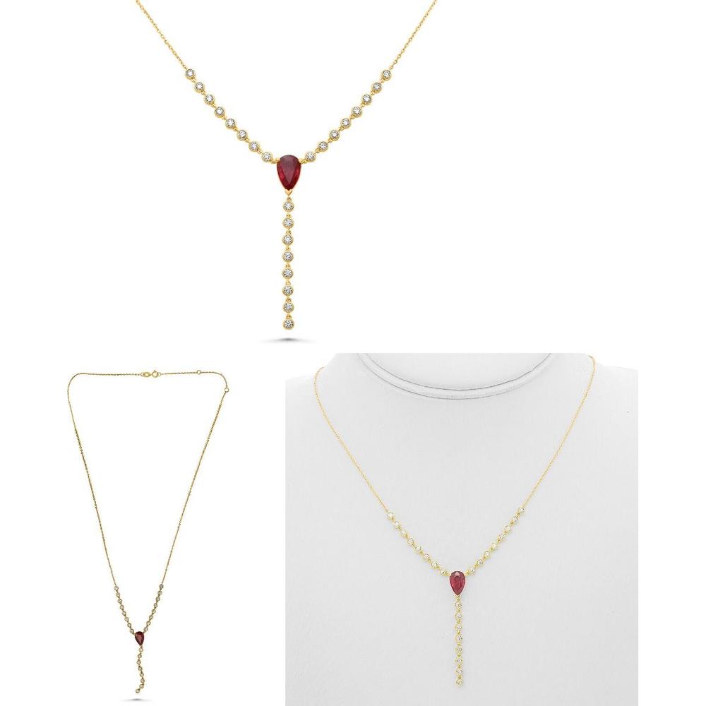 Roman & Jules - 18K Yellow Gold "Y" Shaped Necklace with GIA-Certified Pear-Shaped Ruby and Round Diamonds - 1.91 Carat Ruby, 0.77 Carat Diamonds