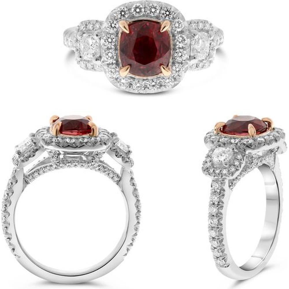 Roman & Jules - Platinum & 18K Rose Gold Cushion Ruby and Diamond Halo Ring - 1.84 Carat Ruby and 0.74 Carat Diamond Total Weight