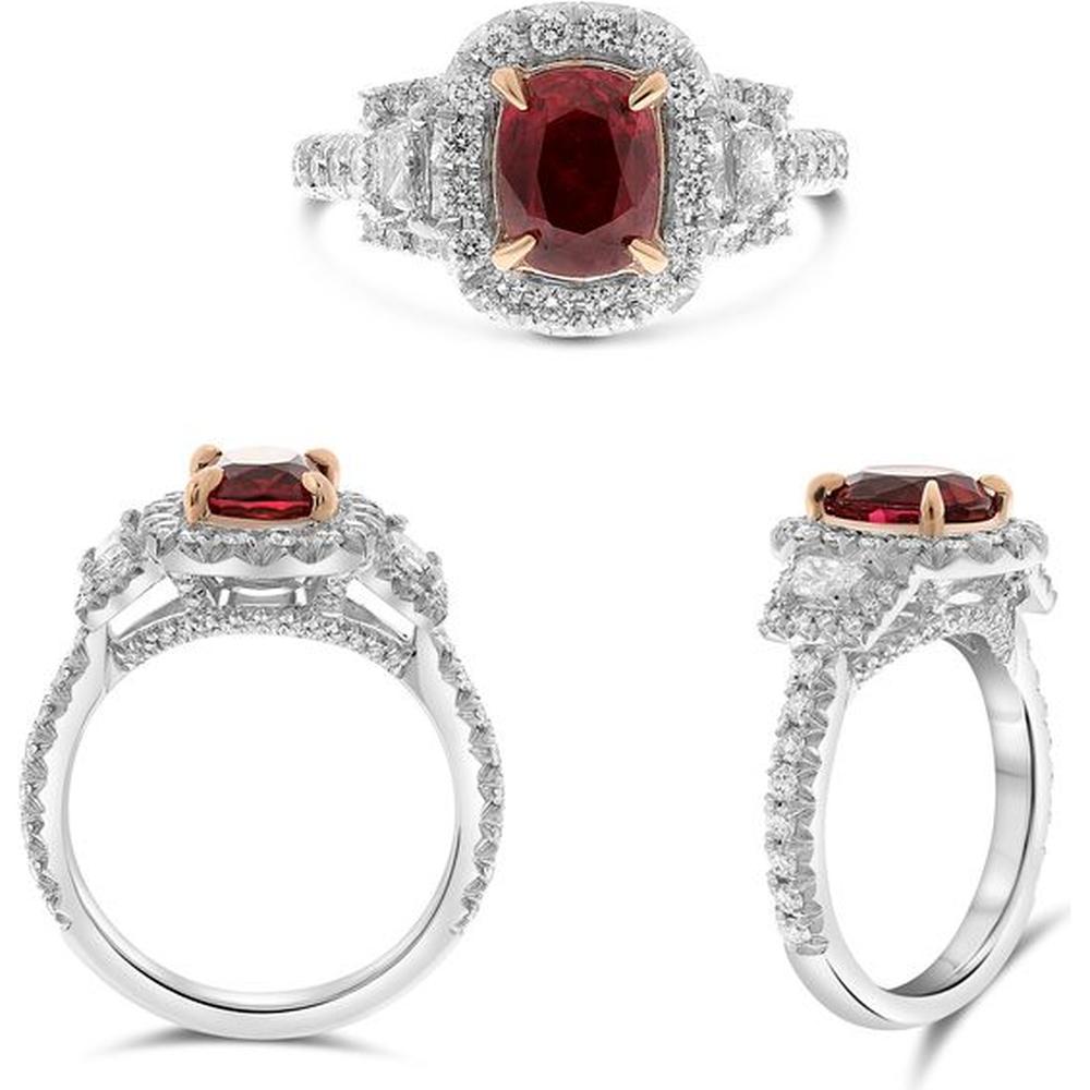Roman & Jules - Platinum and 18K Rose Gold Cushion Ruby Ring with Diamond Halo - 2.00 Carat Ruby and 0.93 Carat Diamond Accents