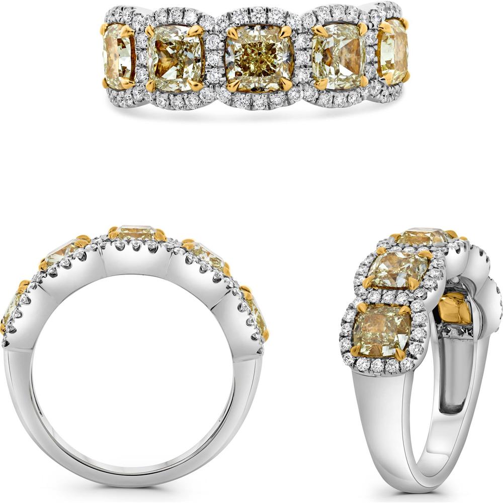 Roman & Jules - Platinum & 18K Yellow Gold Cushion Fancy Yellow Diamond Halo Ring - 3.38 Carat Total Diamond Weight