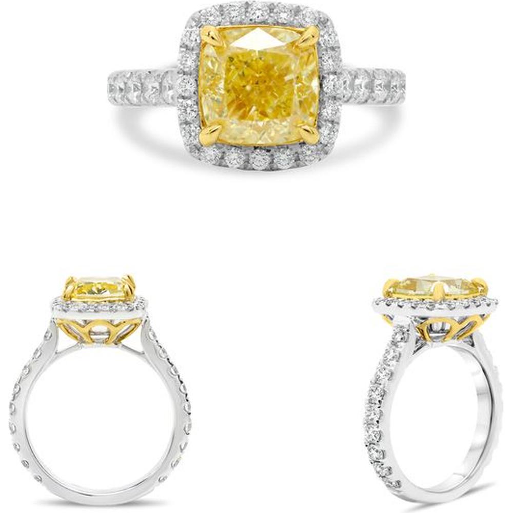 Roman & Jules - Platinum & 18K Yellow Gold Cushion Fancy Yellow Diamond Halo Ring with 3.00 Carat Center and 0.85 Carat Round Diamond Accents