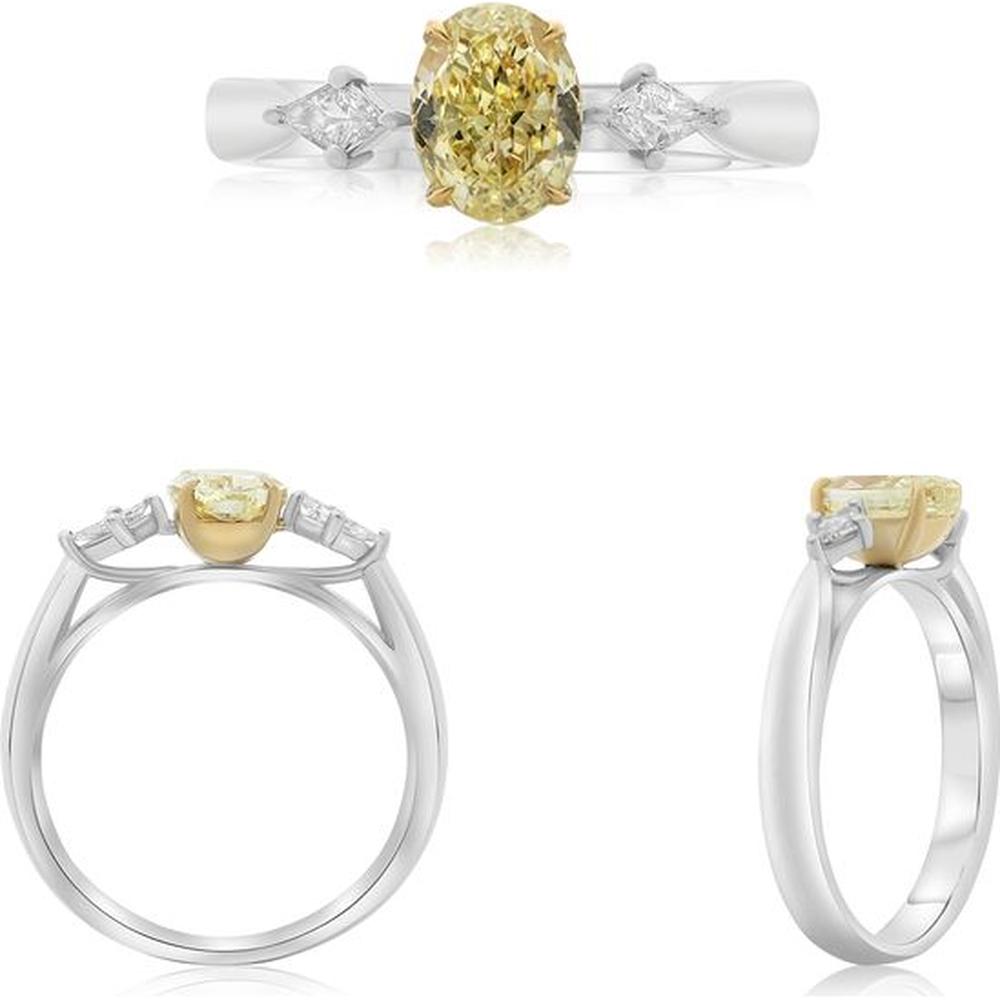 Roman & Jules - Platinum & 18K Yellow Gold Ring with 1.12 Carat Fancy Yellow Oval Diamond and Side Diamonds