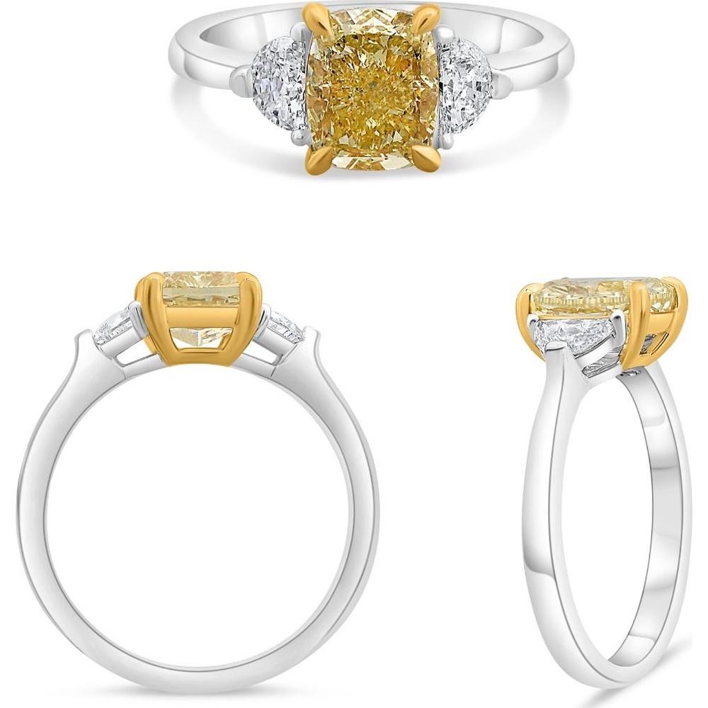 Roman & Jules - Platinum & 18K Yellow Gold Three-Stone Ring with 2.01 Carat Cushion Yellow Diamond and White Diamond Accents