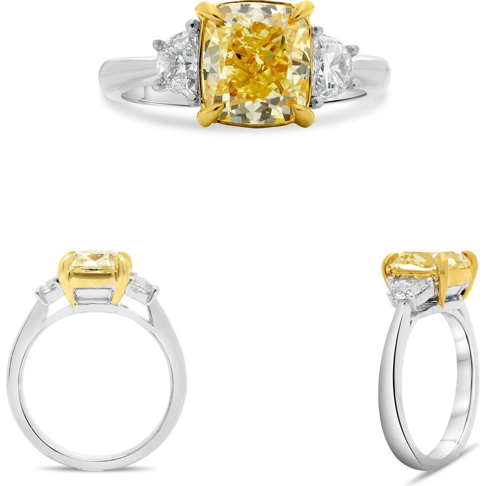Roman & Jules - Platinum and 18K Yellow Gold Three-Stone Ring with 3.03 Carat Cushion Fancy Yellow Diamond and Half-Moon White Diamonds