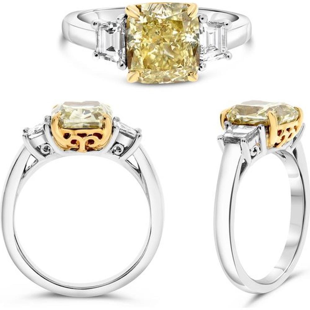 Roman & Jules - Platinum & 18K Yellow Gold Three-Stone Ring with 3.04 Carat Cushion Fancy Yellow Diamond and 0.51 Carat Tapered Baguette Diamonds