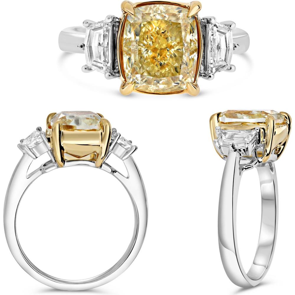 Roman & Jules - Platinum & 18K Yellow Gold Three-Stone Ring with 3.66 Carat Cushion Fancy Yellow Diamond and Step-Cut White Diamonds