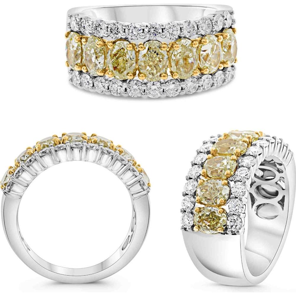 Roman & Jules - Platinum and 18K Yellow Gold Wide Band Ring with Oval Fancy Yellow Diamonds 2.87 Carat and Round White Diamonds 0.95 Carat Total Diamond Weight