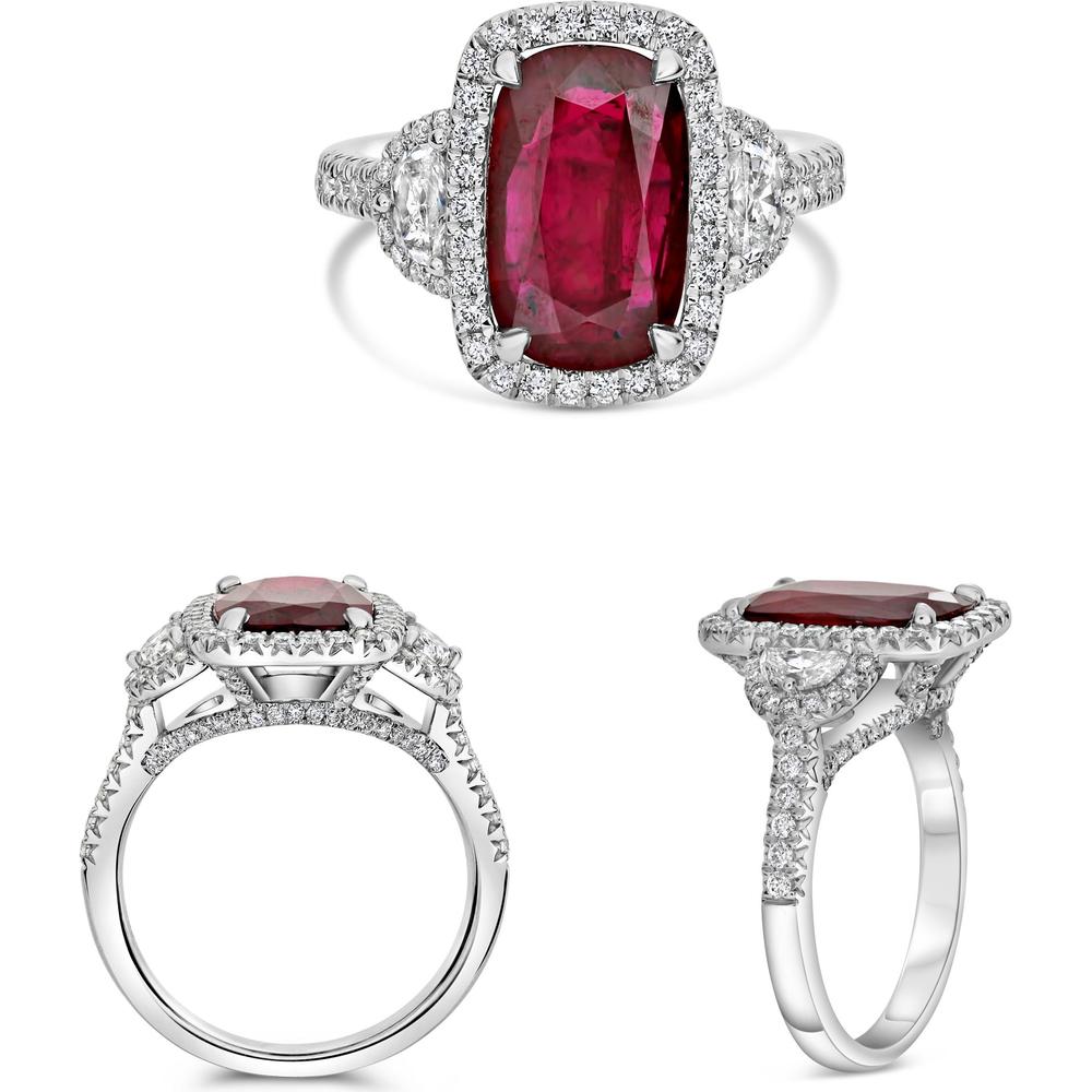 Roman & Jules - Platinum Cushion Cut Ruby Ring with Diamond Halo - 0.52 Carat Total Diamond Weight