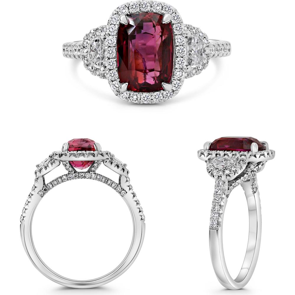 Roman & Jules - Platinum Cushion-Cut Ruby Ring with Diamond Halo - 2.03 Carat Ruby and 0.48 Carat Diamond Accents