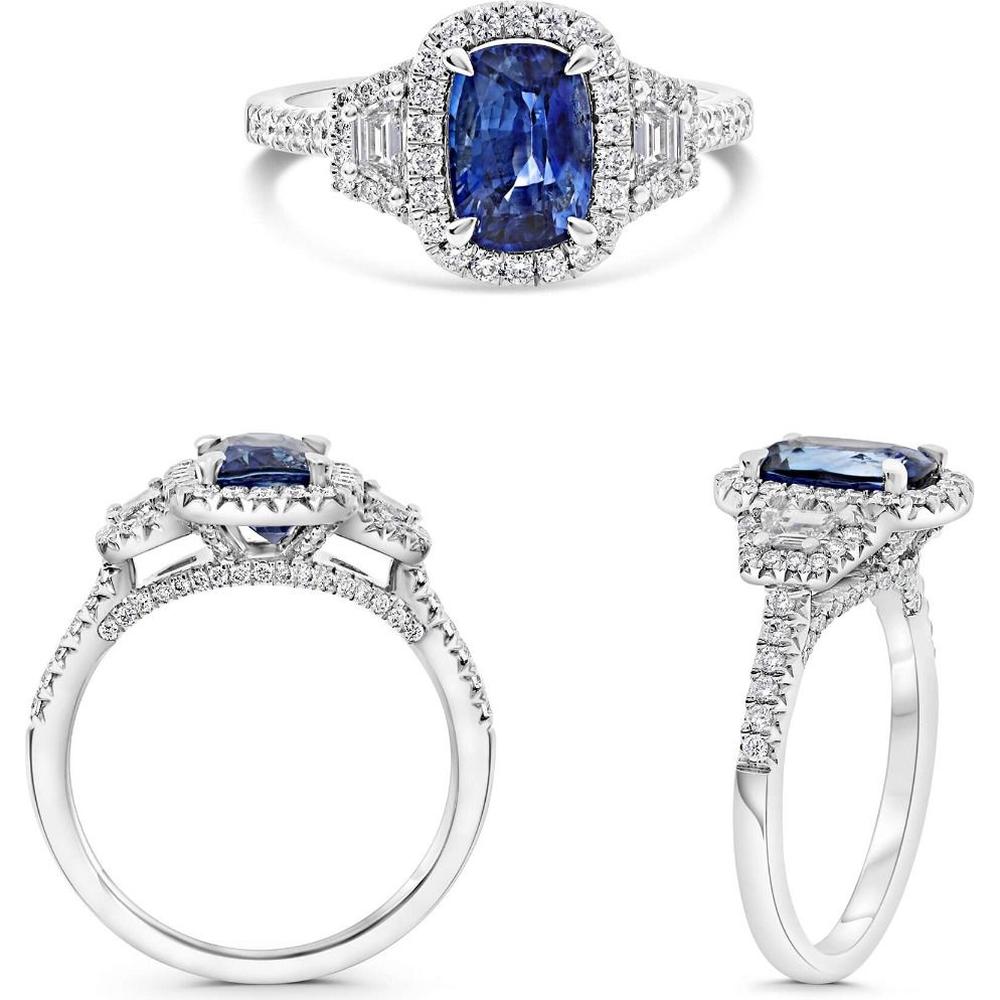 Roman & Jules - Platinum Cushion-Cut Sapphire and Diamond Halo Ring - 2.01 Carat Sapphire and 0.62 Carat Total Diamond Weight