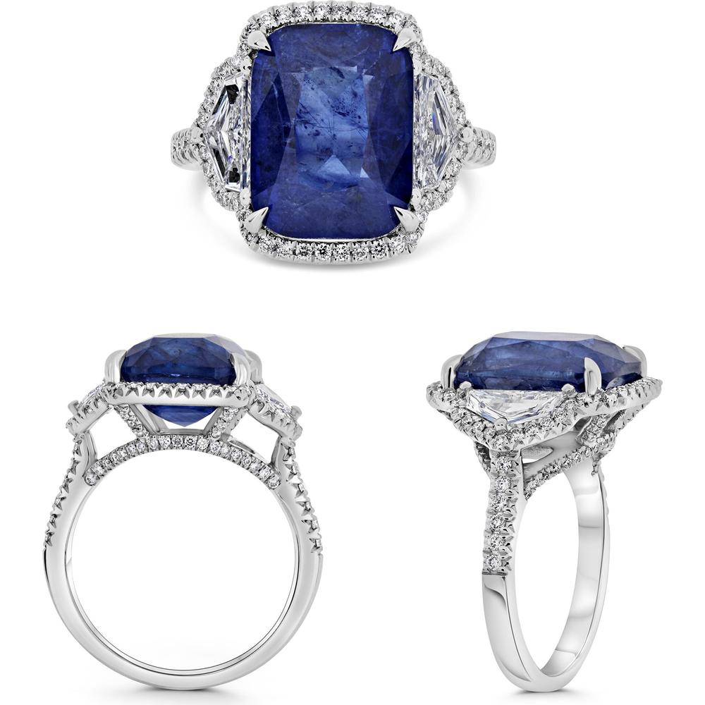 Roman & Jules - Platinum Cushion-Cut Sapphire and Diamond Halo Ring with 9.96 Carat Sapphire and 0.46 Carat Diamond Accents