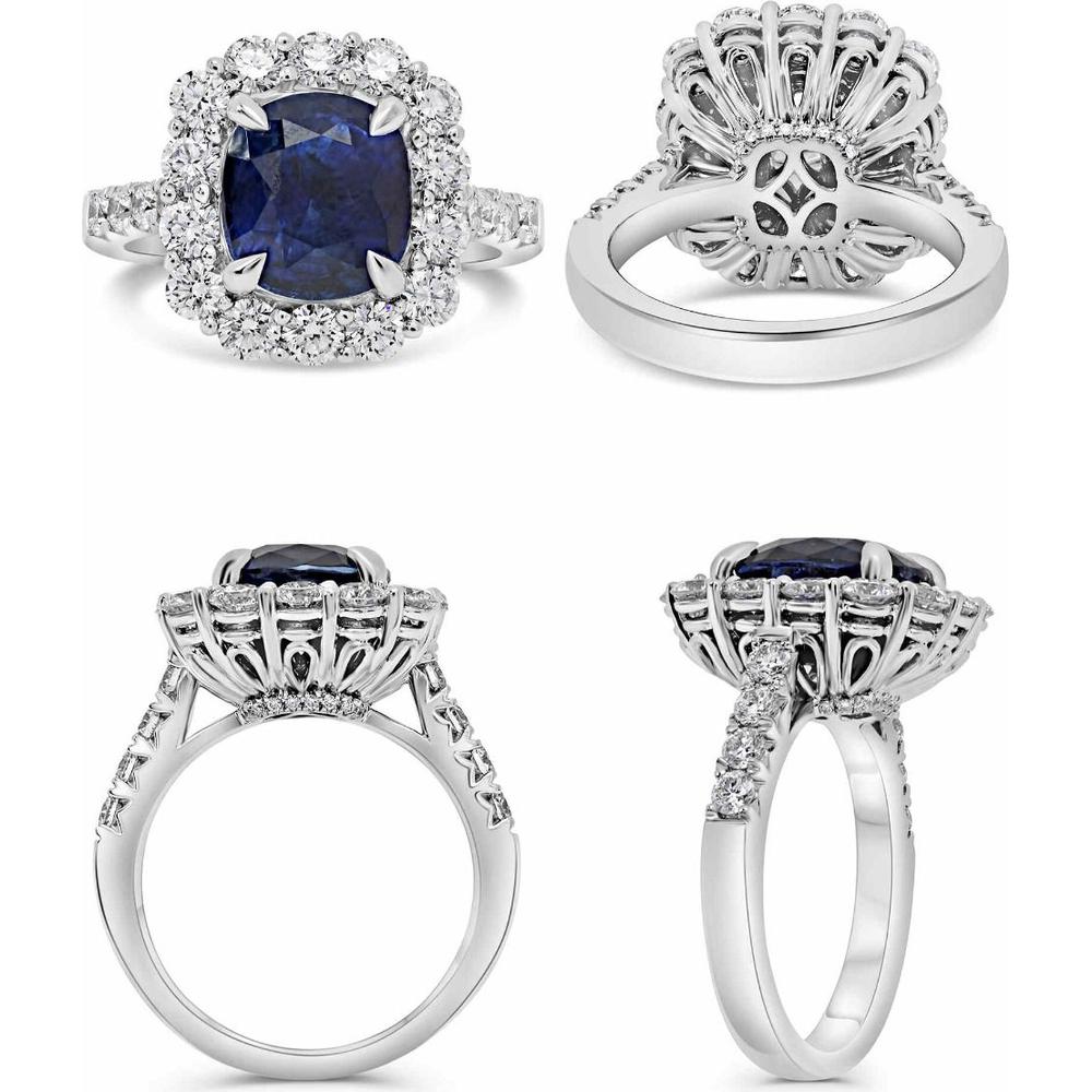 Roman & Jules - Platinum Cushion-Cut Sapphire Ring with Diamond Halo - 5.46 Carat Sapphire and 1.84 Carat Total Diamond Weight