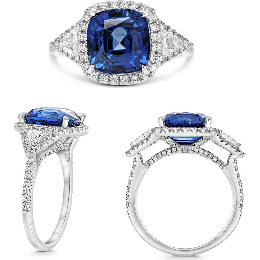 Roman & Jules - Platinum Cushion-Cut Sapphire Ring with Diamond Halo - 5.80 Carat Sapphire and 0.80 Carat Total Diamond Weight