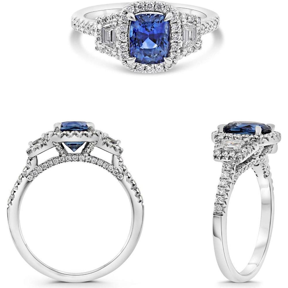 Roman & Jules - Platinum Cushion-Cut Sapphire Ring with Round and Tapered Baguette Diamonds - 1.73 Carat Sapphire, 0.60 Carat Total Diamond Weight