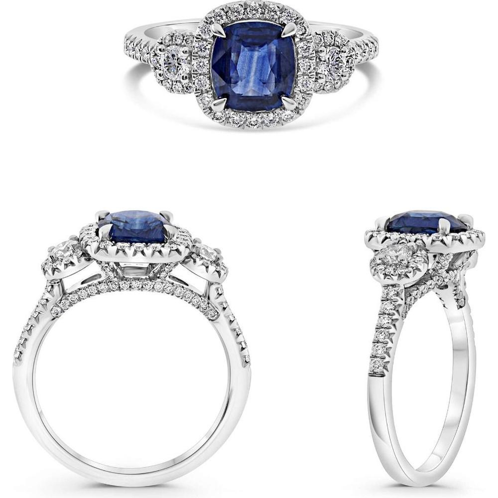 Roman & Jules - Platinum Cushion-Cut Sapphire Ring with Round Diamond Halo - 1.54 Carat Sapphire and 0.57 Carat Total Diamond Weight