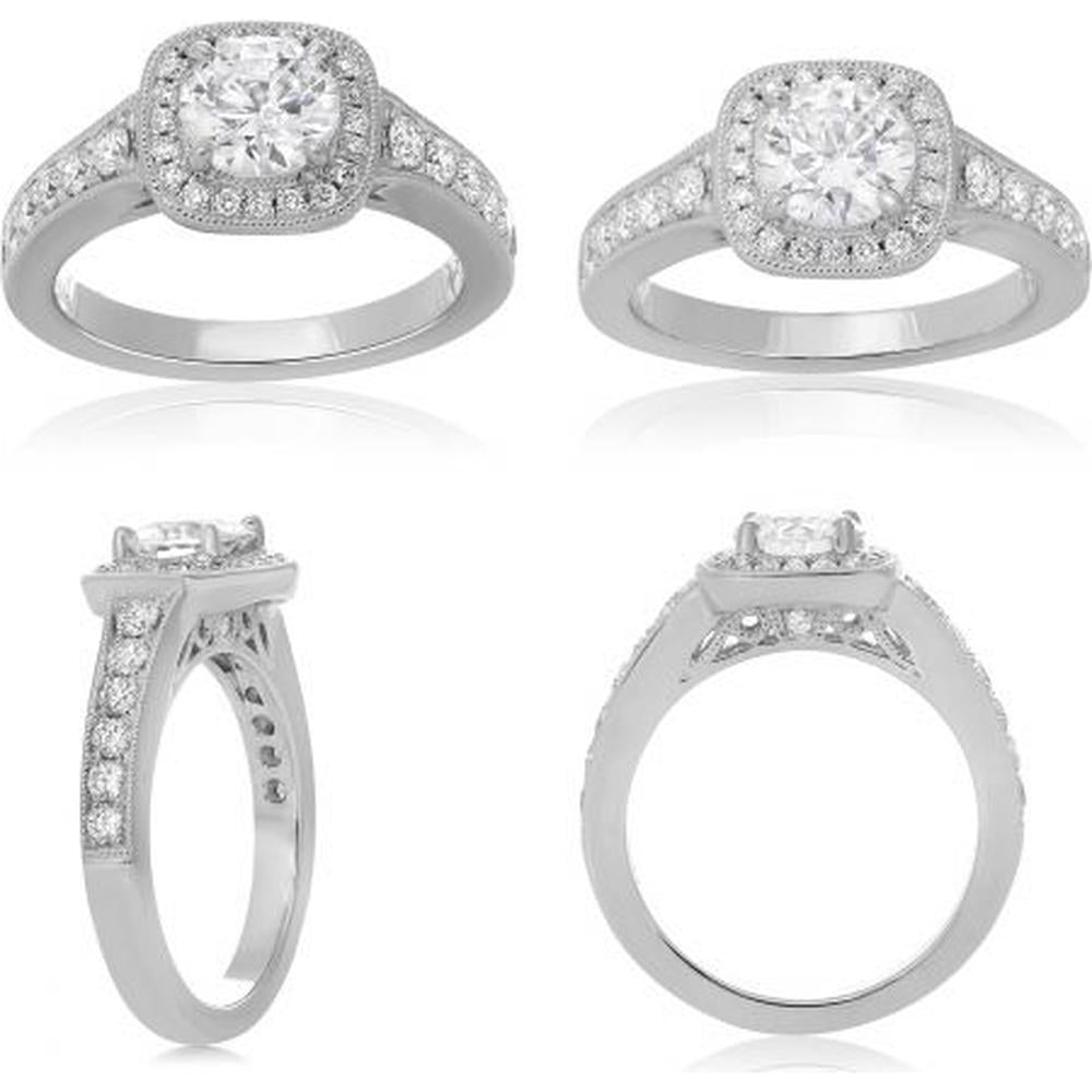 Roman & Jules - Platinum Cushion Halo Ring with 0.54 Carat Round Diamond