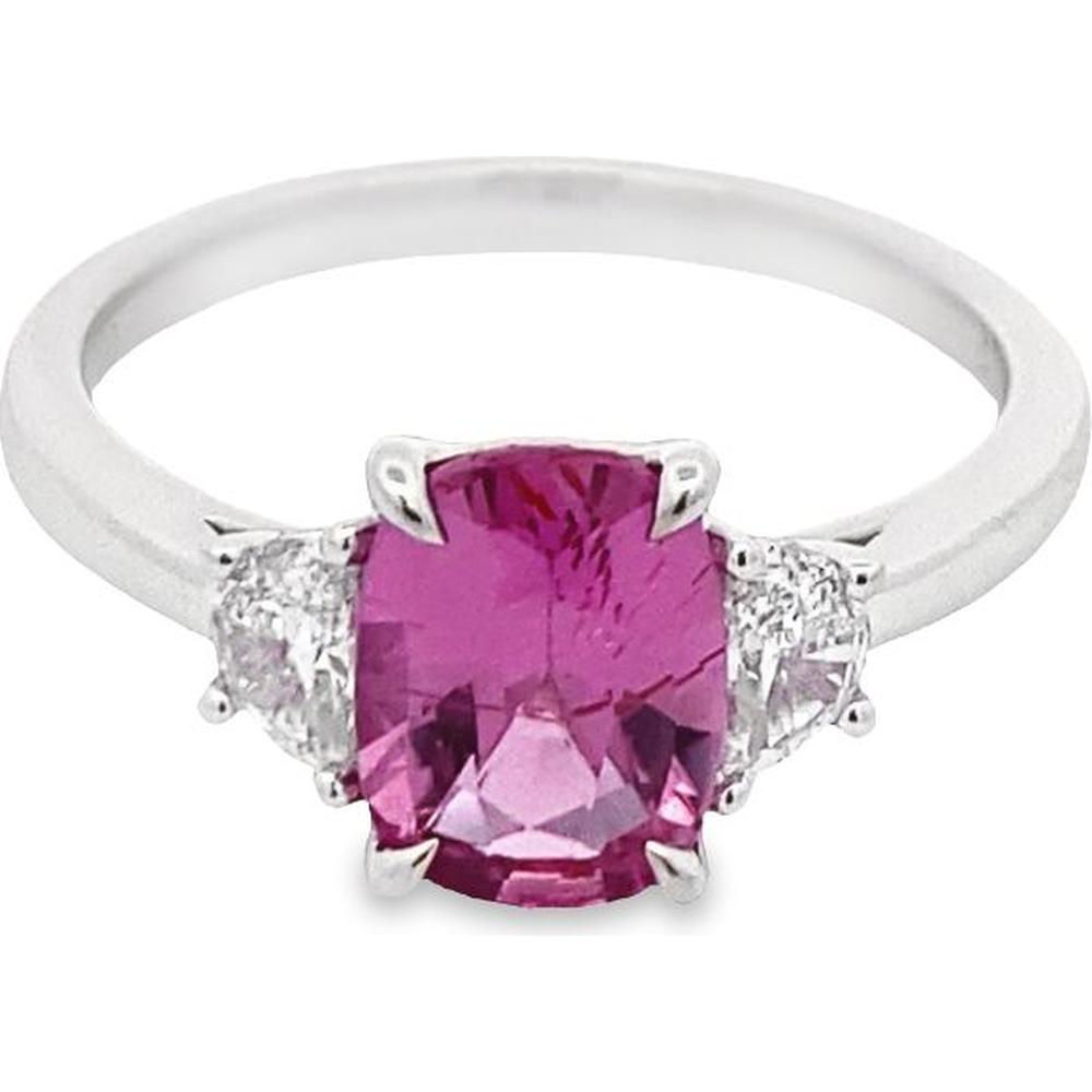 Roman & Jules - Platinum Cushion Pink Sapphire and Diamond Three-Stone Ring - 1.72 Carat Pink Sapphire, 0.36 Carat Diamond Accents