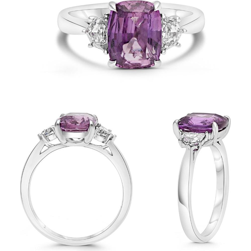 Roman & Jules - Platinum Cushion Pink Sapphire and Trillion Diamond 3.54 Carat Total Gemstone Ring