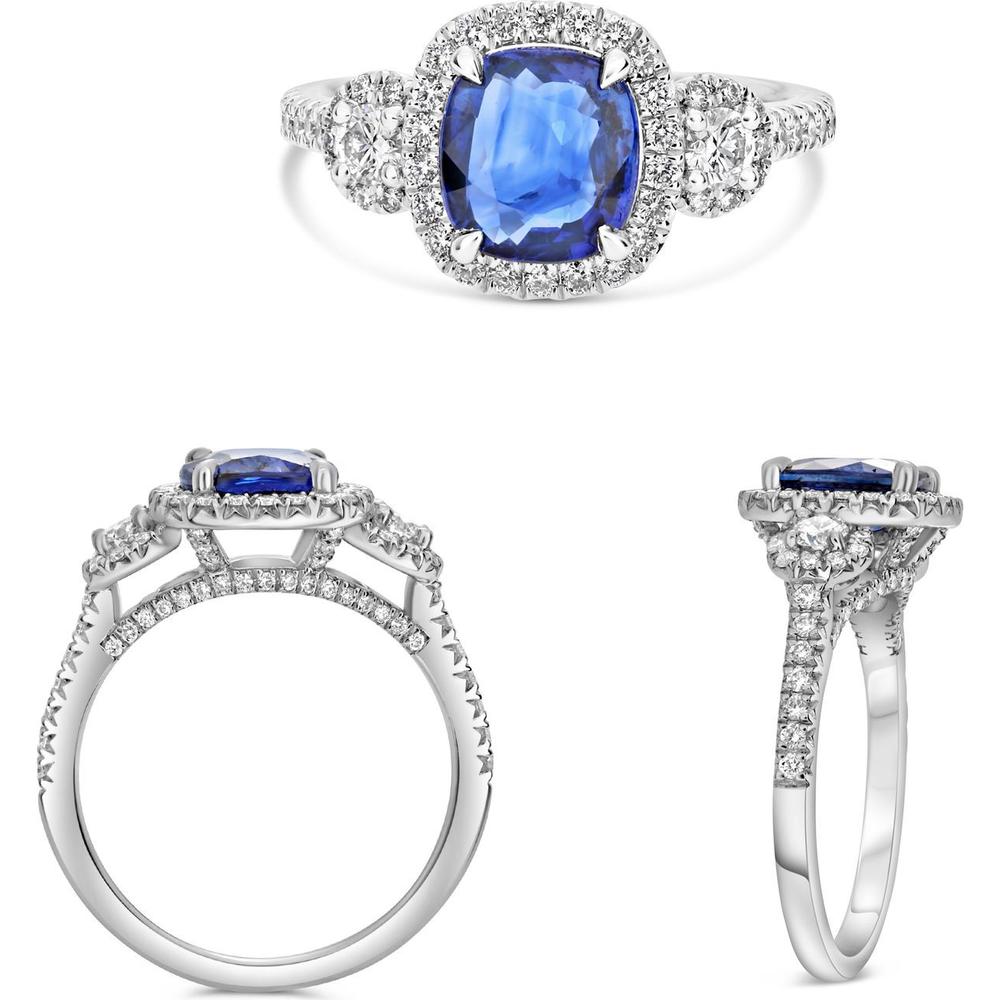 Roman & Jules - Platinum Cushion Sapphire and Round Diamond Halo Ring - 1.55 Carat Sapphire and 0.60 Carat Total Diamond Weight