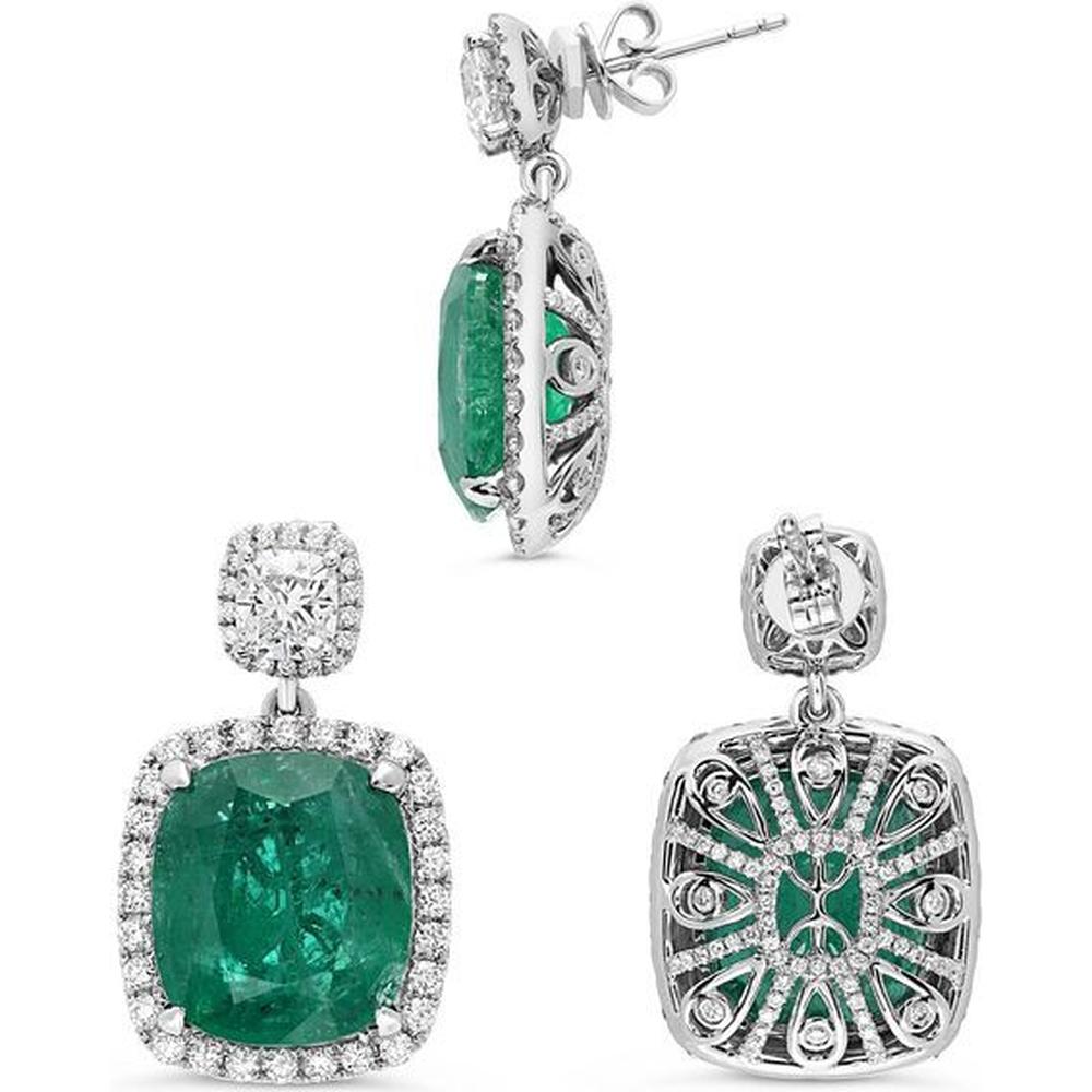 Roman & Jules - Platinum Drop Earrings with Cushion-Cut Emeralds (6.04 Carat & 6.40 Carat Total) and Round Diamond Halo Accents - 1.19 Carat Total Diamond Weight