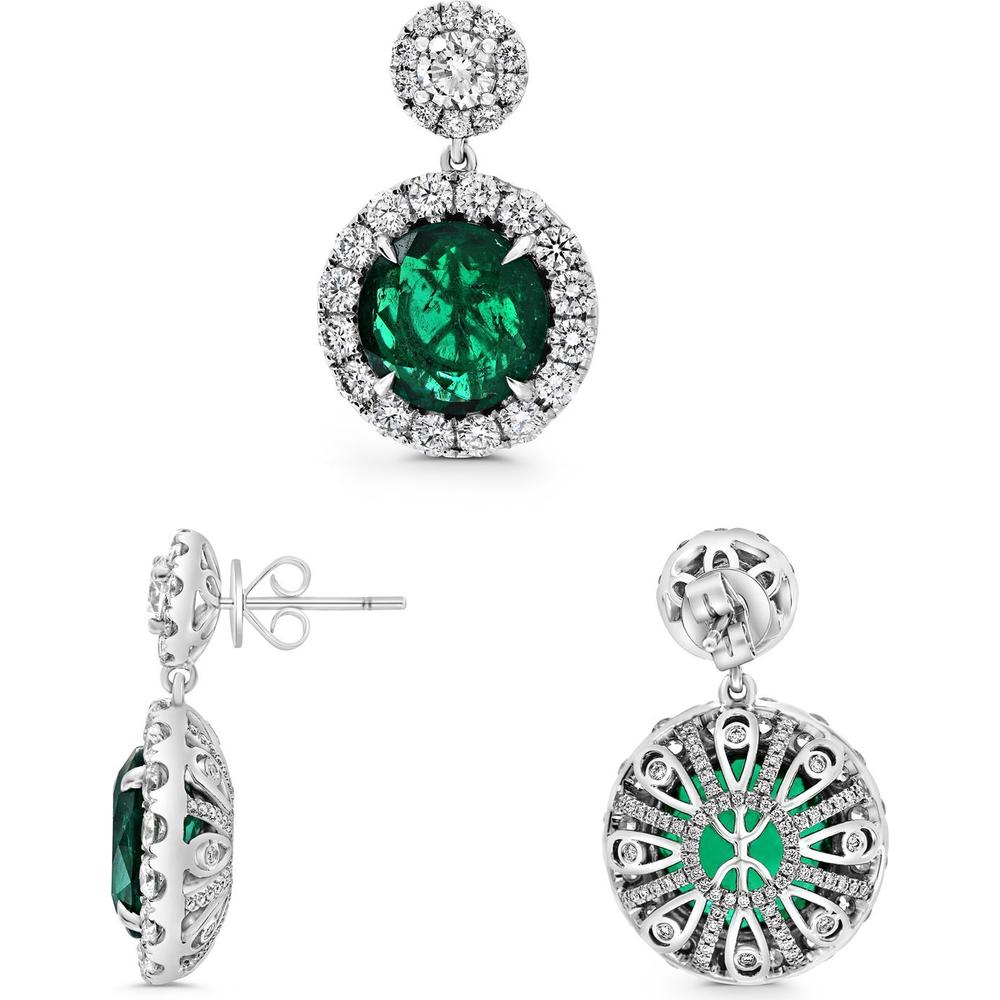Roman & Jules - Platinum Drop Earrings with GIA-Certified Round Emeralds - 10.38 Carat Total Emerald Weight and 4.12 Carat Total Diamond Weight