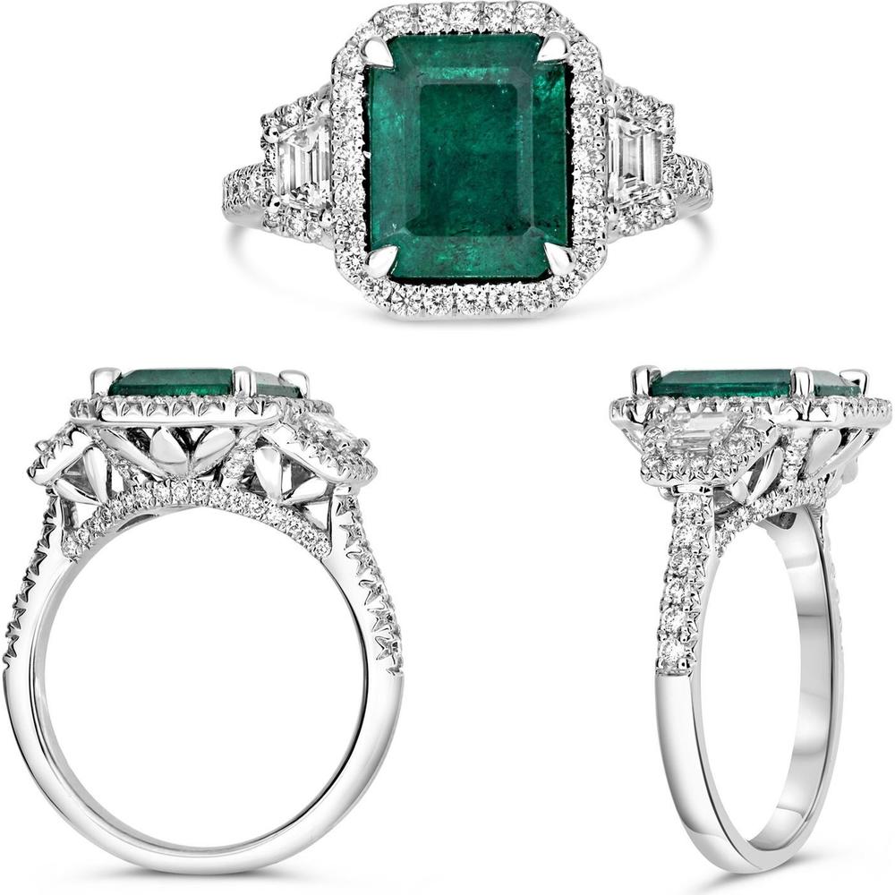 Roman & Jules - Platinum Emerald Cut Emerald Ring with Round and Tapered Diamond Accents - 2.98 Carat Emerald, 0.52 Carat Round Diamonds, 0.38 Carat Tapered Diamonds